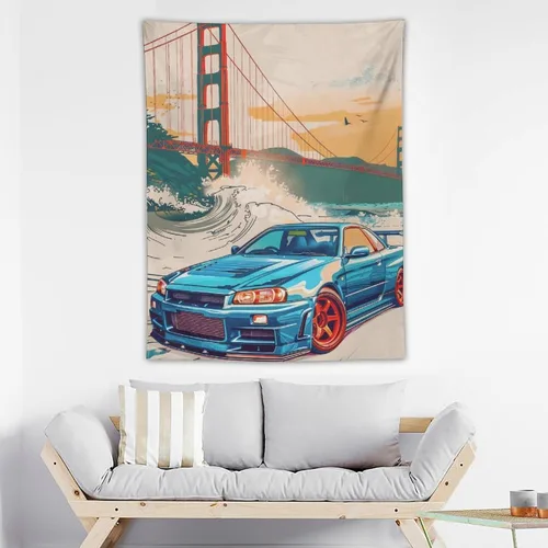 Miniatura 3 de QEOPGNE Tapiz grande para colgar en la pared, diseño de puente de puerta dorada, grandes olas, japonés, retro, Jdm, auto, R34, tapiz para 2
