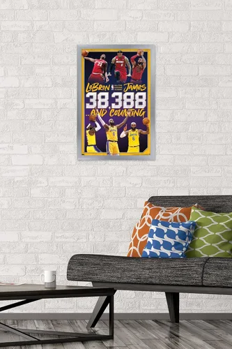 Miniatura 2 de NBA League - Póster de pared de LeBron James All-Time Scoring Leader, 22.4 pulgadas de largo x 14.7 pulgadas de ancho, versión enmarcada plateada