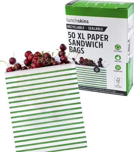 Lunchskins Bolsas de Sándwich XL Reciclables y Sellables – 50 Unidades | Diseño de Rayas | Bolsas Ecológicas para Almacenamiento de Alimentos Hechas