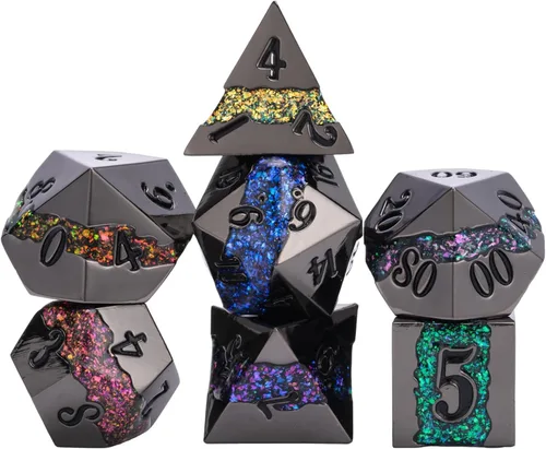 Miniatura 20 de Dados poliédricos DND de metal, juego de dados metálicos con purpurina a rayas grandes, juego de 7 dados plateados antiguos para juegos de rol