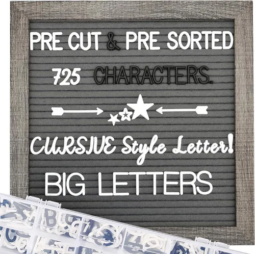 Miniatura 13 de Tablero de letras de fieltro – precortadas y clasificadas, 725 caracteres blancos y dorados, letras cursivas, grandes, cambiables con soporte