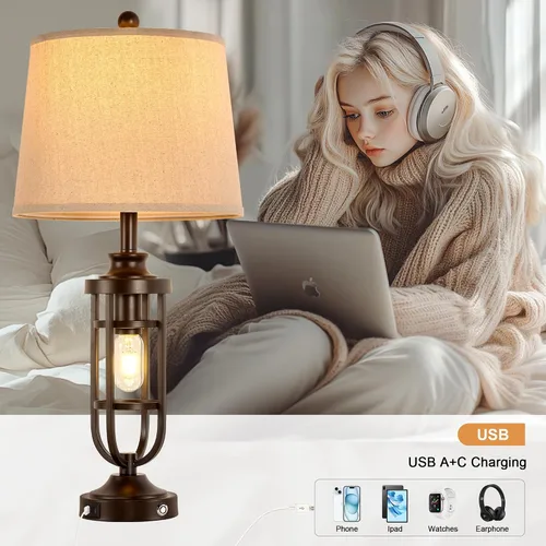 Miniatura 2 de Lámparas de Mesa Estilo Granja de 28.8" para Sala de Estar, Juego de 2, Lámparas Táctiles Regulables de 3 Vías con Puertos USB, Lámparas Rústicas