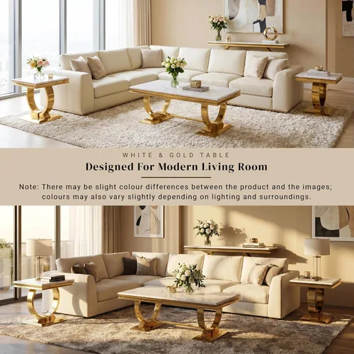 Miniatura 6 de Asday Mesa de centro dorada y blanca, mesa de centro rectangular de mármol dorado, mesa central elegante de lujo para sala de estar, pasillo