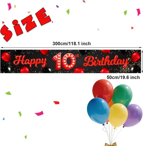 Miniatura 2 de Cartel de feliz cumpleaños número 10 color rojo y negro, globos para decoración temática para patio, jardín, niñas, mujeres, princesas, decoraciones