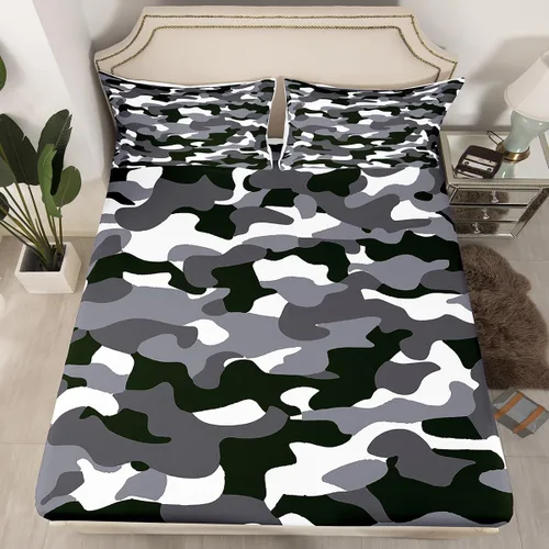 Miniatura 18 de Sábanas de camuflaje para niños, sábanas bajeras de camuflaje verde militar, juego de ropa de cama de camuflaje militar para niños, adolescentes