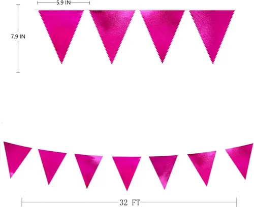 Miniatura 2 de Decoraciones de Fiesta Rosa Intenso Banderín Triangular Bandera Tela Metálica Rosa Guirnalda de Banderines para Cumpleaños Despedida de Soltera Boda