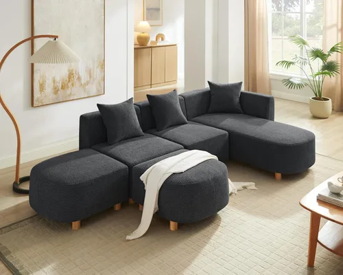 Miniatura 11 de VANOMi 279 cm Sofá modular seccional con 3 almohadas, cómodo sofá de chenilla en nube convertible de 5 plazas con reposapiés, sofás seccional