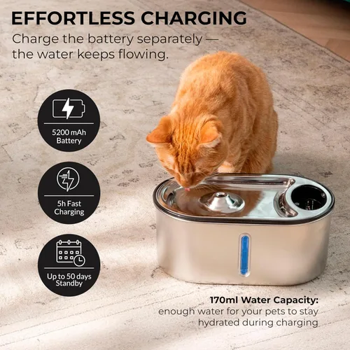 Miniatura 8 de Fuente de agua inalámbrica para gatos de acero inoxidable de 108 oz/3.2 L Batería de 5200 mAh, autonomía de 50 días, sensor de movimiento, ultra
