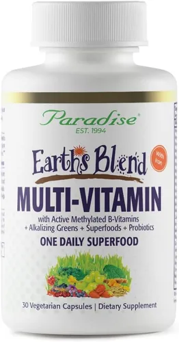 Paradise Herbs Earth's Blend Multivitamínico diario para mujer con hierro, 48 superalimentos orgánicos, probióticos, antioxidantes, vitaminas A,