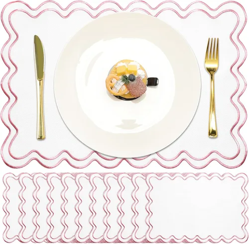 Miniatura 20 de Juego de 12 manteles individuales de lino festoneados de 13 x 19 pulgadas, bordado ondulado, doble capa, lavable, para cena, boda, fiesta