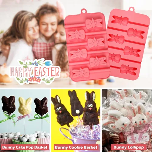 Miniatura 2 de Webake Moldes de piruleta de conejo para dulces de chocolate, 6 agujeros de silicona de conejo con palitos de piruleta, bonitos moldes de Pascua