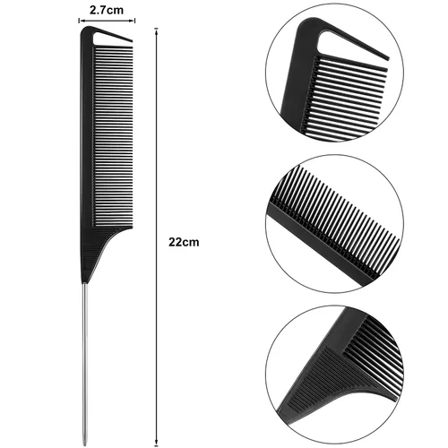 Miniatura 2 de Boao Paquete de 12 peines de cola de rata, peine de acero inoxidable, fibra de carbono, resistente al calor, para mujeres, trenzas y peinados (negro)