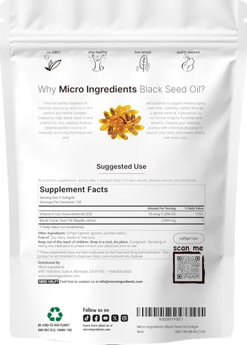 Miniatura 2 de Micro Ingredients Aceite de semilla negra con vitamina D3 1000 UI, 240 cápsulas blandas 2,000 mg de aceite de semilla negra por porción Aceite