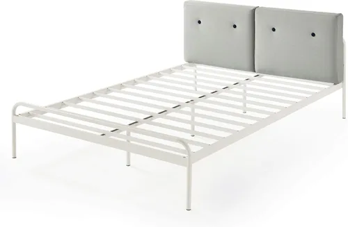 Miniatura 4 de Mellow Maggie - Cama de plataforma de metal con cabecera tapizada con cojín, listones de acero, fácil montaje, gris cielo, tamaño Queen Gris