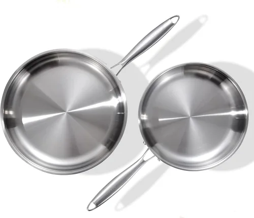 DELARLO Sartén de acero inoxidable de tres capas de 10 pulgadas y 12 pulgadas, sartén apta para horno y de inducción, juego de ollas y sartenes,