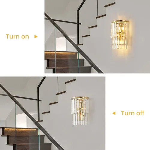 Miniatura 5 de Siljoy Lámpara de pared moderna de cristal de 2 niveles, lámpara de pared de cristal de 2 niveles, espejo dorado de acero inoxidable K9, aplique