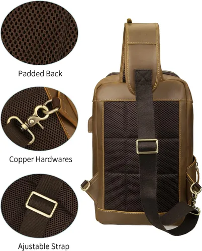 Miniatura 6 de Bolso de cuero genuino de grano completo vintage para hombres, mini tamaño mediano pequeño, con puerto de carga USB, Medium-camello, Mochilas Sling