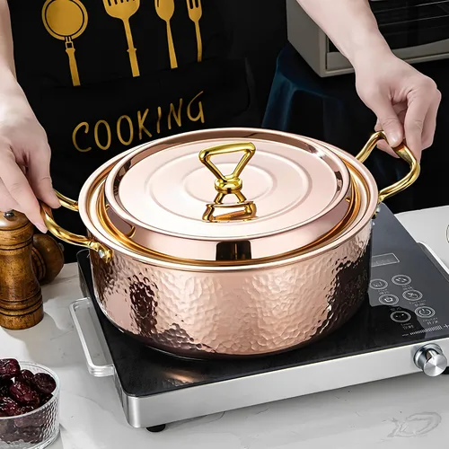 Miniatura 8 de YJX olla de 4.2QT con tapa martilleada, oro rosa de cobre, acero inoxidable tricapa, utensilio de cocina multifuncional para hornear, asar, guisar