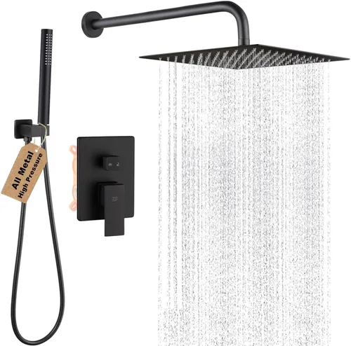Miniatura 14 de Sistema de ducha negro para baño, juego completo de grifo de ducha montado en la pared de 8 pulgadas y mango con cuerpo de válvula áspero y kit