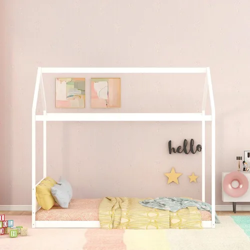 Miniatura 3 de MERITLINE Marco de cama de casa para niños, cama doble de madera con cabecero para niños, cama Montessori con listones de apoyo para niños y niñas