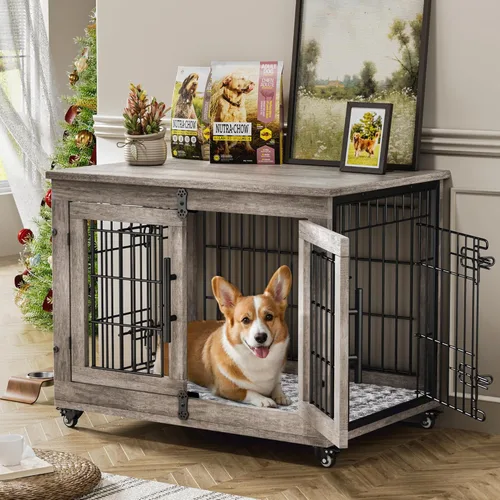 Lulive Mueble de jaula para perros medianos, 32 pulgadas, para interiores con cojín y ruedas, jaula de madera para perros con puertas dobles, mesa