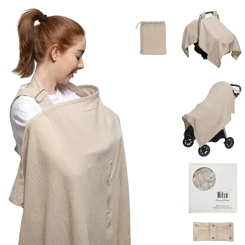 Nilsa Cubierta de muselina 5 en 1 para lactancia materna y asiento de coche de bebé, funda transpirable para lactancia materna con aro rígido,