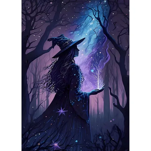 SENQAO Kits de pintura de diamantes para adultos, kit de arte de diamantes retro 5D, bruja de Halloween, pintura de gemas de diamante, manualidades,