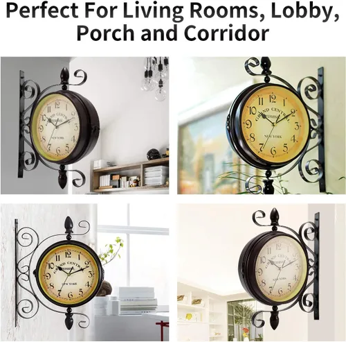 Miniatura 7 de Dyna-Living Reloj de pared de doble cara de 8 pulgadas, reloj vintage montado en la pared, rotación de 360 grados, relojes de pared antiguos, reloj