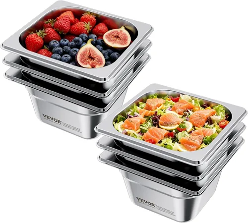 Miniatura 13 de VEVOR Paquete de 6 sartenes de acero inoxidable de tamaño completo, sartenes de mesa de vapor de 2.5 pulgadas de profundidad, sartenes comerciales