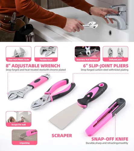 Miniatura 5 de Juego de herramientas de 143 piezas rosa para propietario de casa con destornillador inalámbrico de 3.6 V, kit de herramientas manuales