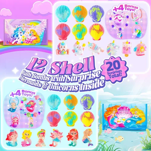 Miniatura 2 de Bombas de baño Shell para niñas, paquete de 12 bombas de baño de aromaterapia seguras para niños con 20 juguetes sorpresa en el interior, 6 aromas