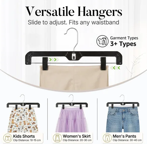 Miniatura 7 de HOUSE DAY Perchas negras para pantalones con clips, paquete de 12 perchas de plástico para falda para mujer, colgador de clip de 14 pulgadas