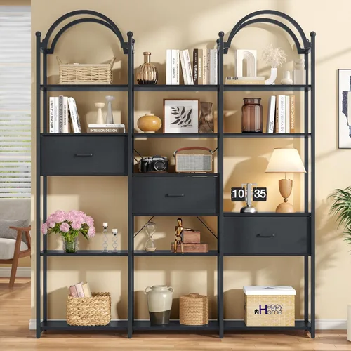 Estantería arqueada alta de 83.5", estante de libros abierto grande triple ancho de 6 niveles con 3 cajones de almacenamiento, estantería Etagere