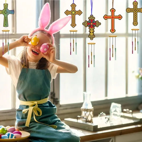 Miniatura 6 de Fennoral Paquete de 9 carillones de viento cruzados para niños, hazte dueño de la escuela dominical, manualidades para niños de madera para pintar
