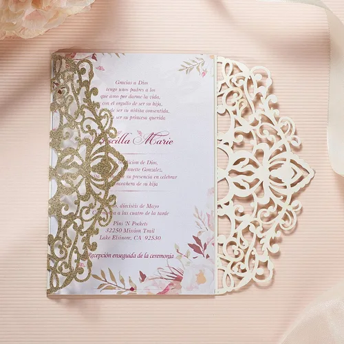 Miniatura 5 de AdasBridal 50 tarjetas de invitación de boda cortadas con láser con estampado floral, con sobre, hoja interior en blanco y cinta para boda, Dorado