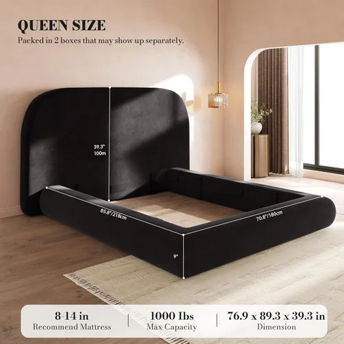 Miniatura 2 de YITAHOME Base de cama tamaño Queen, plataforma tapizada de terciopelo con cabecero, cama de nube suave con estribo, esquinas redondeadas, fácil Negro