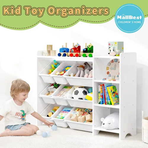Miniatura 10 de MallBest Estante organizador de almacenamiento de juguetes para niños de 4 niveles, 100% madera maciza, armario de almacenamiento para niños con 9