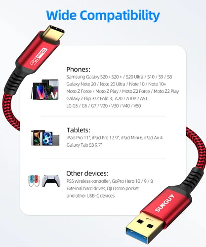 Miniatura 6 de SUNGUY - Cable USB C 10Gbps 3.1 Gen 2, [1,5 m], USB A a USB C, 3A de carga rápida, para Android Auto, Cable USB C CarPlay, compatible con iPhone Rojo