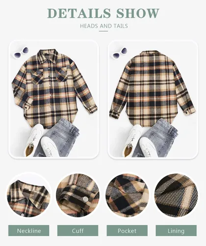Miniatura 4 de Beaully - Chamarras casuales a cuadros para mujer, de franela cepillada, con botones, camisa con bolsillos