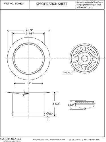 Miniatura 5 de Westbrass D2082S-50 3-1/2" Cuello Extra-Profundo Fregadero de Cocina Eliminación de Residuos Brida y Tapón Colador, Revestimiento en Polvo Blanco
