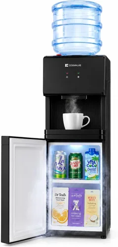 COSVALVE Dispensador de enfriador de agua, enfriador de agua caliente/fría de carga superior de 5 galones, refrigeración de compresión con gabinete
