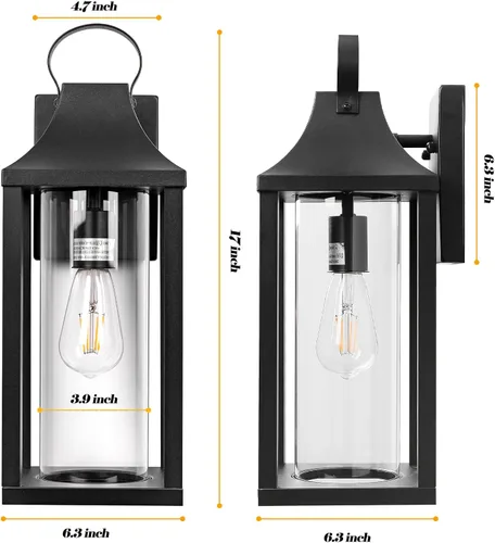 Miniatura 7 de Lámpara de porche de 17 pulgadas, grande, color negro, con vidrio transparente cilíndrico, IP65, impermeable, lámpara exterior para casa y exterior