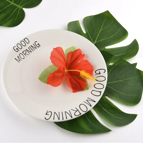Miniatura 4 de KUUQA 60 piezas de suministros de decoración de fiesta tropical de 8 pulgadas, hojas y flores de hibisco Palmtera, hoja de simulación para fiesta