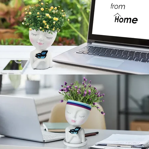 Miniatura 2 de WEWEOW - Maceta con Cara/Maceta de Flores para Plantas de Interior y Exterior, Resina, Maceta para Suculentas con Agujero de Drenaje, Linda Maceta