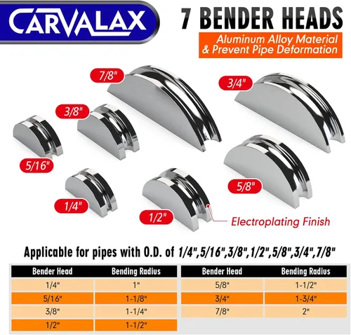 Miniatura 4 de Carvalax Juego de dobladora de tubos de aluminio con 7 cabezales dobladores electrochapados, para 1/4" a 7/8" D.E., dobladora de tubos de trinquete