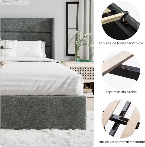 Miniatura 7 de SHA CERLIN Cama de Almacenamiento Elevable de Tamaño Completo/Cabecera Moderna Tipo Wingback/Marco de Cama Plataforma Tapizada/Almacenamiento Gris