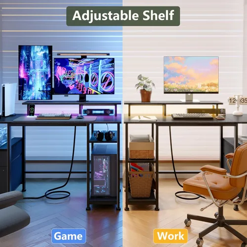 Miniatura 9 de Furologee Escritorio para juegos de 51 pulgadas con tomas de corriente y luces LED, escritorio reversible para computadora con archivador y soporte