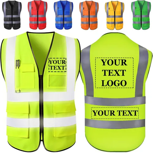 Chaleco de seguridad personalizado con logotipo, texto, nombre, alta visibilidad, bolsillos y cremallera, a granel para mujeres y hombres Flurogreen