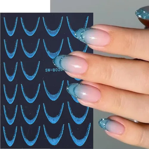 Miniatura 6 de Calcomanías de uñas de línea francesa, calcomanías de uñas de punta francesa con purpurina colorida 3D, autoadhesivas en 3D, puntas de uñas de línea