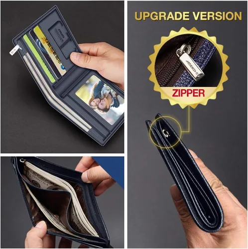 Miniatura 27 de LAORENTOU Billeteras de cuero genuino para hombre, billeteras plegables con cremallera, bolsillo para monedas, casual, cartera delgada